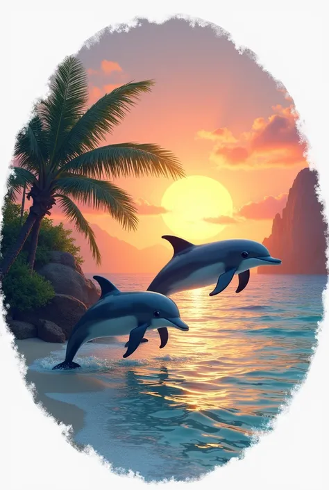 Two dolphins at a sunset on the beach and plant, for a logo with a circular background


