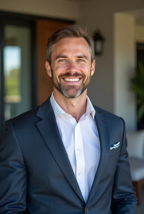 Photo de profil  Homme blanc de 40 ans, with a beautiful smile,short hair with a well-trimmed beard, muscle, dressed elegantly with in the background ,une belle maison contemporaine 