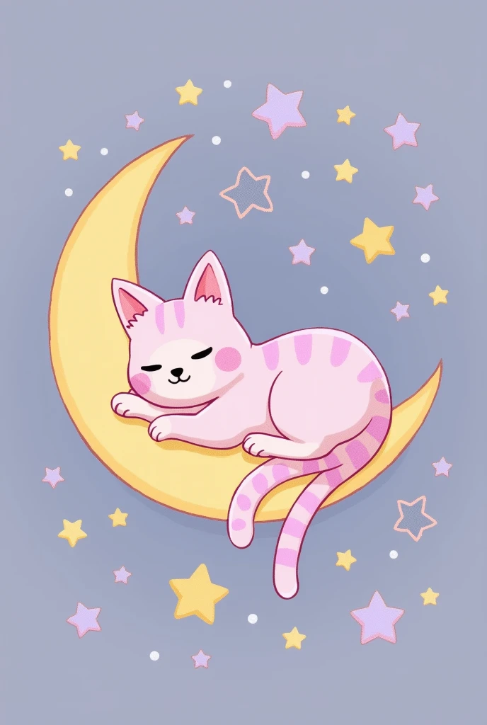 /imagine prompt: A playful cosmic cat design, with the cat lounging on a crescent moon and pawing at stars. The style is whimsical and uses pastel colors like lavender, pink, and pale yellow. --ar 1:1 --v 6.0
