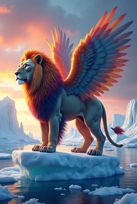 A chimeric creature in a surreal Antarctic landscape, combining the characteristics of a lion and a giant eagle. The creature has the majestic head of a lion, but its entire body, including the mane, is covered in vibrant multicolored feathers instead of f...