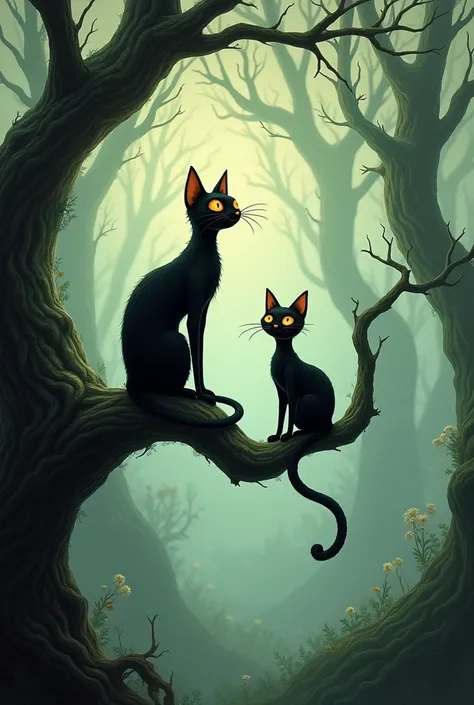 cat and cat sitting on a branch in the woods Tim Burton style picture Dead Bride