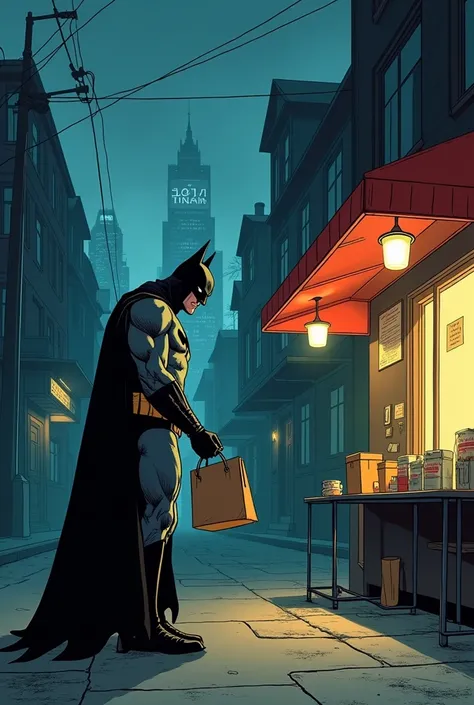 "Illustration of Batman arriving at a street-side warung, holding a food delivery bag, but finding the customer gone. His face shows disappointment, with an empty street in the background and Gotham’s iconic landmarks in the distance. Style: comedic, with ...