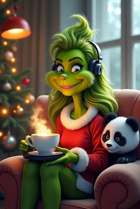 Create an image of the female Grinch Christmas gamer sitting with a panda and a cup of coffee