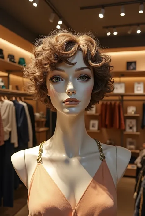 Womens goods store with a head mannequin that has a curly and short wig