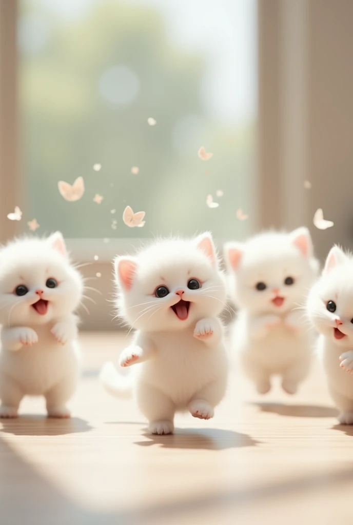 Crate a image of many cute white cat baby dancing with a distance