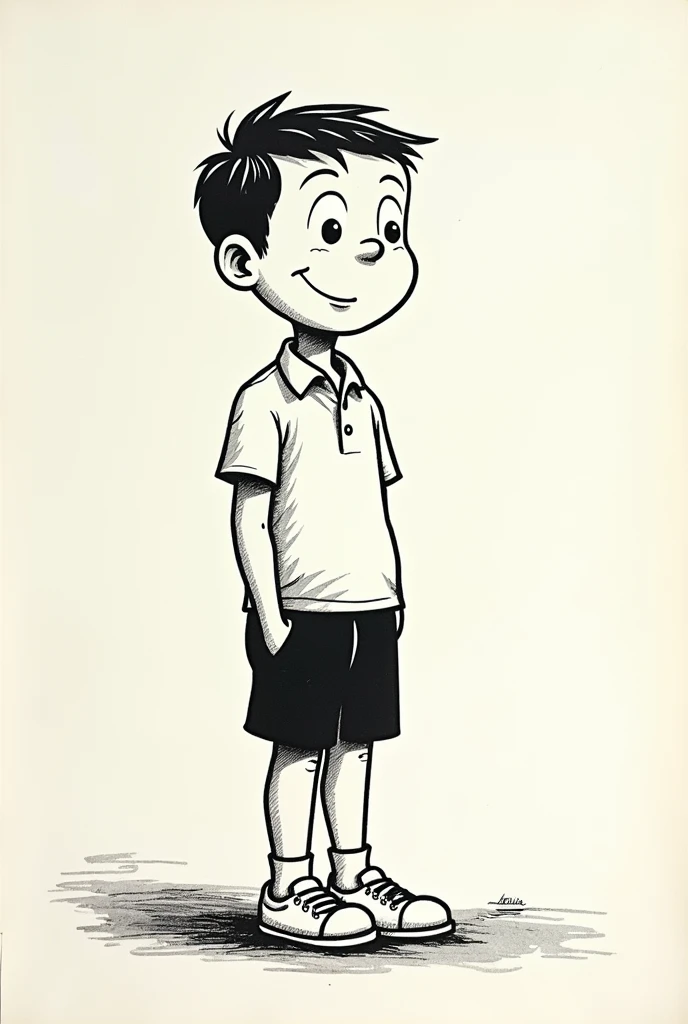 A short story published in the newspaper in 1961 a Brazilian story make a short boy wearing a white polo shirt black shorts white shoes and white socks a black and white story a funny cartoon style traços arredondados a historinha na folha do jornal passa ...