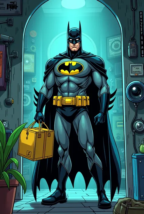 Illustration of Batman in the Batcave, changing his costume into a Gojek driver uniform. He is holding a Gojek delivery bag and wearing a Gojek helmet, looking frustrated but determined. The Batcave is filled with gadgets and high-tech equipment, but Batma...