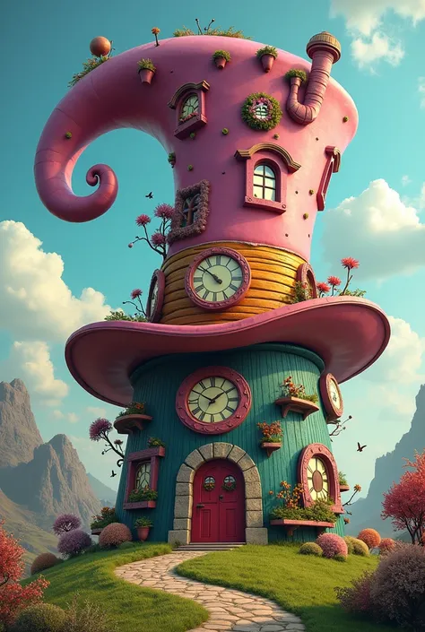  create a creative facade house in the shape of a hat for the crazy hatter from Alice in Wonderland with clock windows, and with triad colors of the color circle 