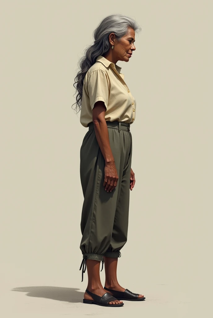 60-year-old Colombian woman, height 1.60, long, loose hair, with some gray hair, blouse and cloth pants, tie-up shoes
turning your back with your face in profile