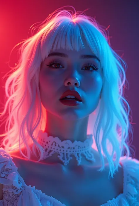 Ultra-realistic photograph of a stunning albino woman, early 20s, performing on stage, long bangs showing her glowing forehead, dramatic stage lights, vivid colors, energetic and emotional expression --ar 16:9