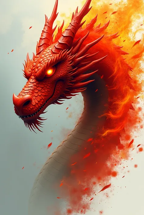 /imagine prompt: A striking dragon head with fiery red scales and glowing orange eyes, surrounded by a burst of flames and abstract paint splashes. The dynamic strokes and vibrant colors emphasize the power and mythical nature of the dragon. --ar 16:9 --v ...