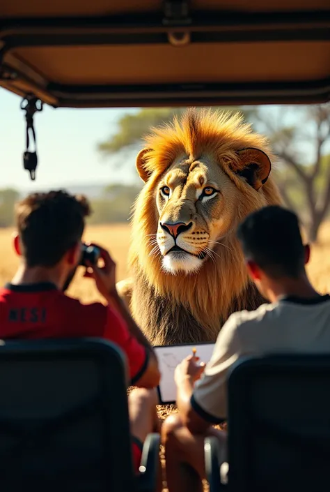 Scene 3: The Lions Gaze

The jeep comes to a stop near a shaded tree where a majestic lion rests. Messi and Ronaldo sit quietly, awestruck by the animal’s presence. Messi, with binoculars in hand, whispers observations to Ronaldo, who leans forward with in...