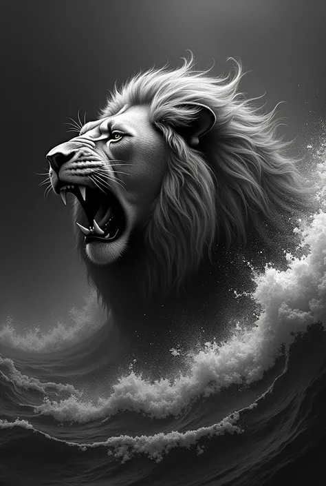 Black and white roaring lion head emerging out of water