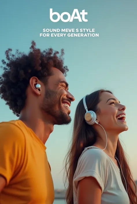 Can you make an image of a print ad with the company name "boAt" showcasing an adult and a teenager wearing wireless headphones and earphones with laughter and happiness with the tagline of "Sound Meets Style for Every Generation"