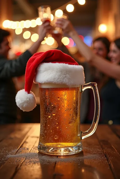  a macro definition and hyper realistic image of a half-sweaty beer mug, half covered with a Christmas hat , In the background a party with people toasting in blur