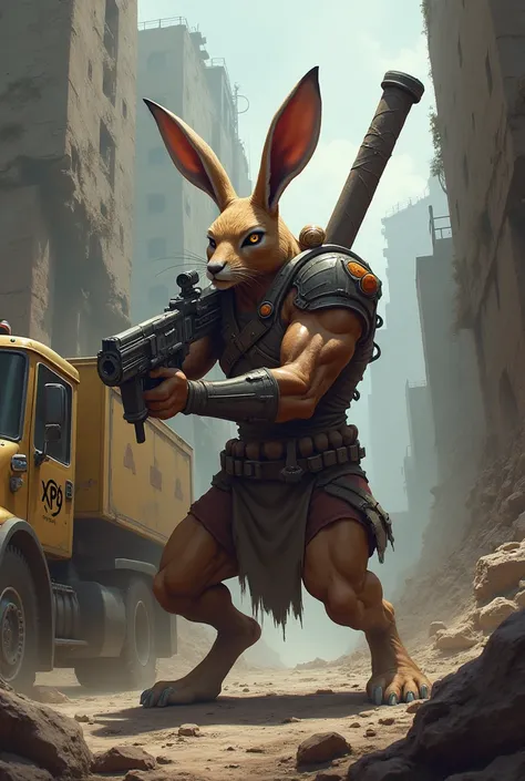 A hare gladiator  , In a ruined city,  shoots with a weapon,  on a truck is written xp9 ,  on the shoulder a small snail