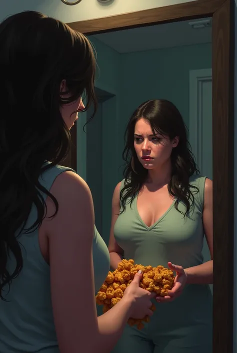 Illustrate a fat woman eating several greasy snacks and with a sad face looking in the mirror