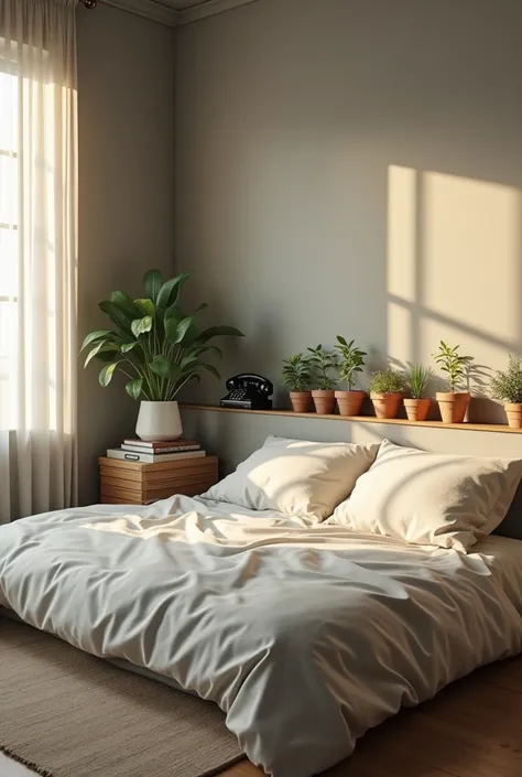 (photorealism:1.2), a cozy bedroom, grey wall, bed wall with flower pots, minimalist bed , a retro backlite black phone out on books, orange amber glow window, minimalist appearance, wabi Sabi style