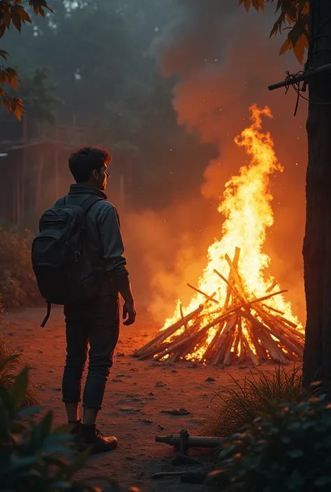 A foreigner is surprised to see the scene of burning wooden boards