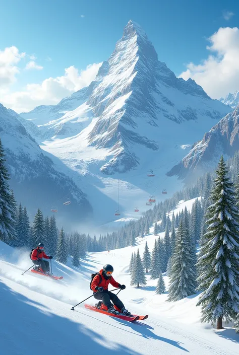 Create an image of a mountain where there are skiers on the summer sledges and on the left a snow park and at the top there are ski lifts and helenes everywhere 