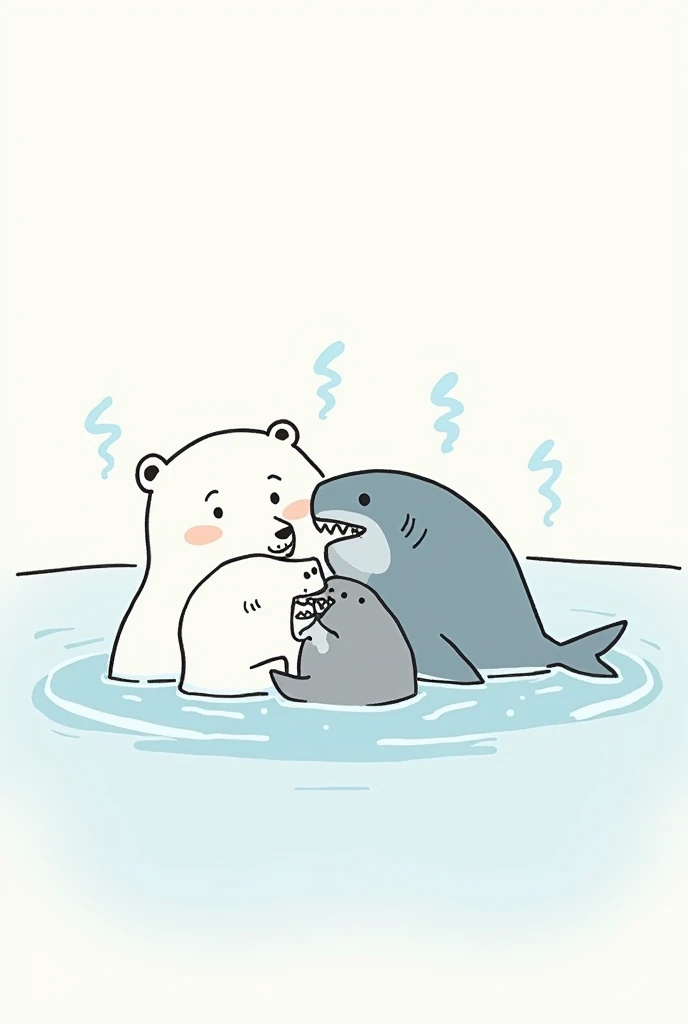  generate a drawing-style picture in which three animals:  bear shark and seal wallow in the pool .  cold steam comes out of their mouths , are frozen . rysunek ma być prosty, Without Colors 
