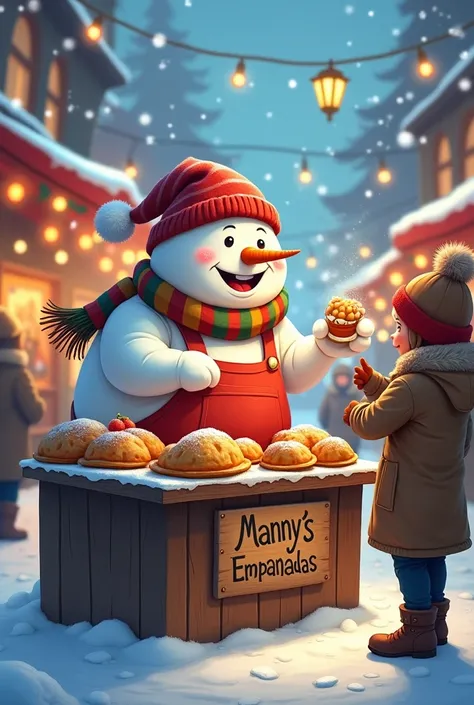 Snowman selling Argentinian empanadas at the stall called MANNYS