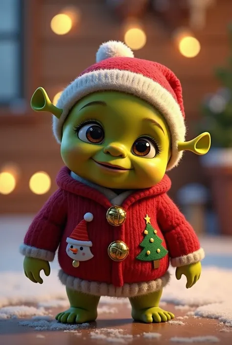 Sherk baby dressed in Christmas clothes 