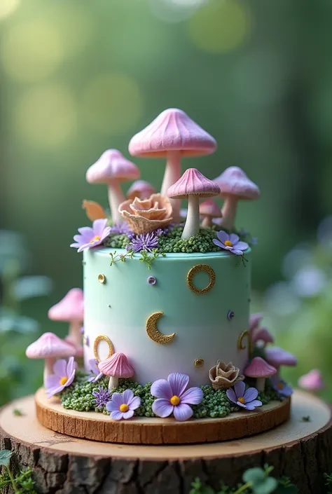 A small single-storey cake with nature accessories with pastel green colors, purple, mushrooms, gold details. 