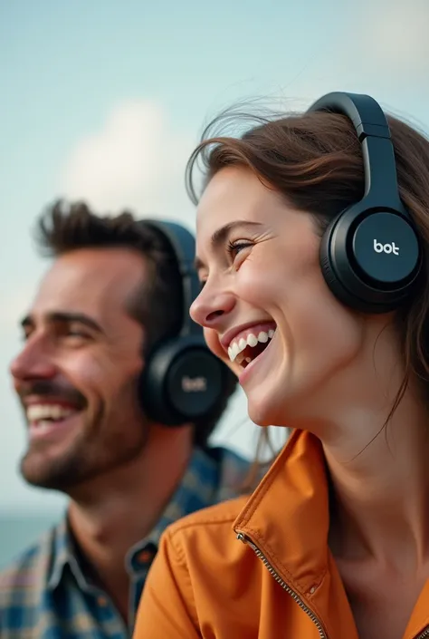 Can you make an image of a print ad with the company name "boAt" showcasing an adult and a teenager wearing wireless headphones and earphones with laughter and happiness with the TAGLINE of "Sound Meets Style for Every Generation" dont forget the tagline d...