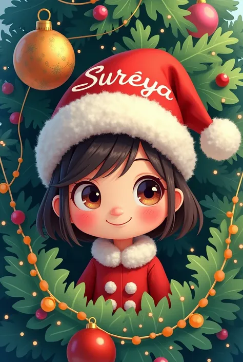 Create a cartoon of a girl in a Christmas tree wearing a Christmas hat that says Sureyas name 