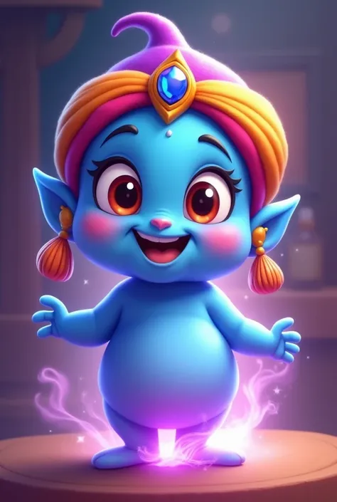 A friendly, cartoon-style genie with a playful expression and bright, large eyes, in the style of a Cooking Dash character. The genie has a round face, a big smile, and wears a colorful turban with a jewel in the center. baby like, and it has a soft, appro...