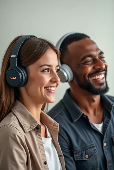 Can you make an image of a print ad with the company name "boAt" showcasing an adult and a teenager wearing wireless headphones with the tagline of "Sound Meets Style for Every Generation", make then look happy and laughter