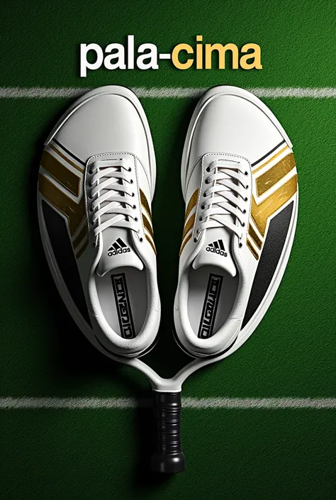 Flayer focused on selling Adidas padel tennis shoes with the brand name "PALA-CIMA ", promoting the 10 % DISCOUNT, with grass green colors , white, black and gold. 