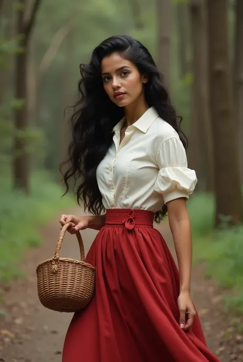 very young brasilian petite woman, beautiful face, 20 year old, light suntanned skin, coffee caramel complexion, pink lips, blushy cheeks,1940, long black wavy hair, wearing 1940 french red skirt and white blouse, basket on her arm, walking in the woods