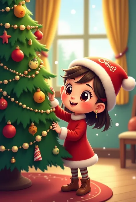 Create cartoon of a girl playing on the Christmas tree wearing a Christmas hat with Susans name 