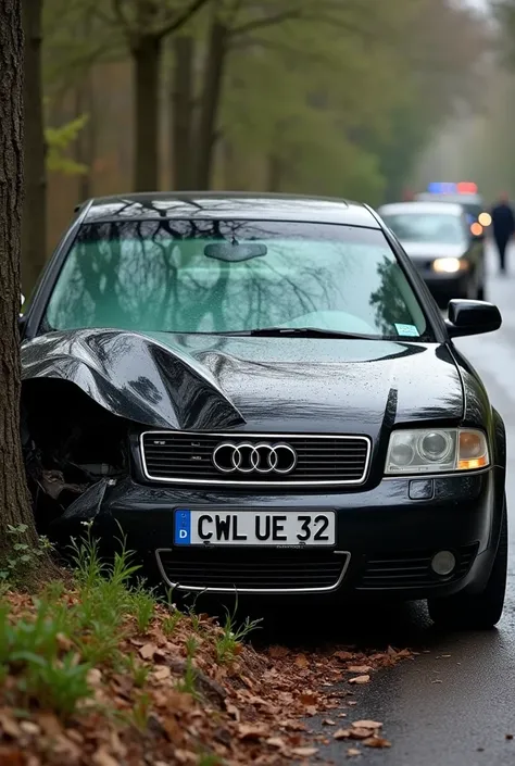 Szare Audi a6c5 1999 z tablicą rejestracyjną CWL UE 32 rozbite na drzewie w tle policja