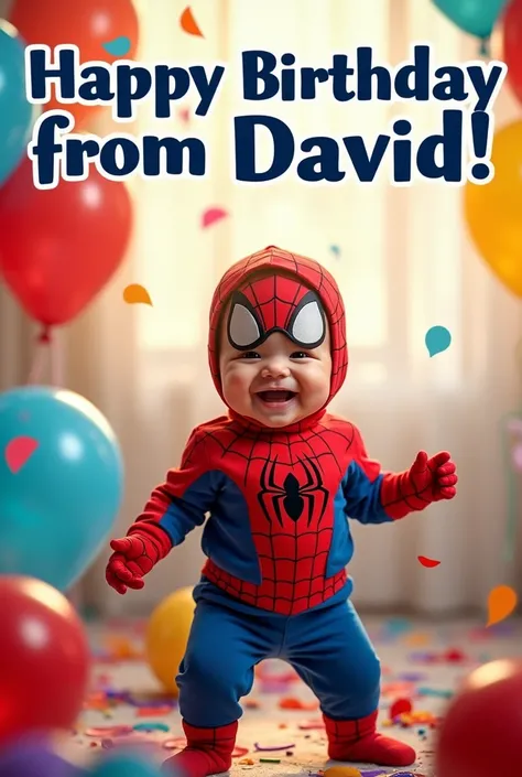  Create an image for a birthday poster , On which :  “Happy Birthday from David” and must have a two-year-old baby dressed as a Spider-Man, happy. 