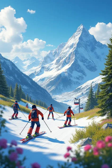 Create an image of a mountain where there are skiers on the summer sledges and on the left a snow park and at the top there are ski lifts and helenes everywhere with innovative stuff and people are more visible