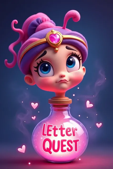 Genie’s Magical Letter Quest is displayed nearby in bright(dark pink), colorful cartoon letters with a whimsical style, making the design inviting and fun. The whole name should be n a single line Only the name no character or background.A female friendly,...