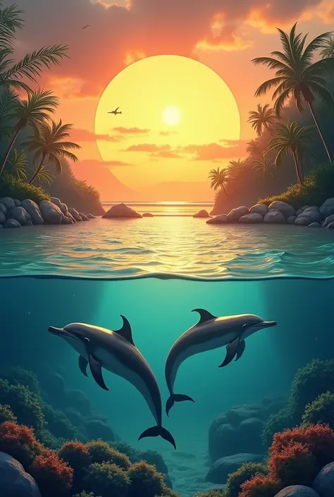 Two dolphins at a sunset on the beach and plant, For a circular background logo behind the dolphin the word NGO


