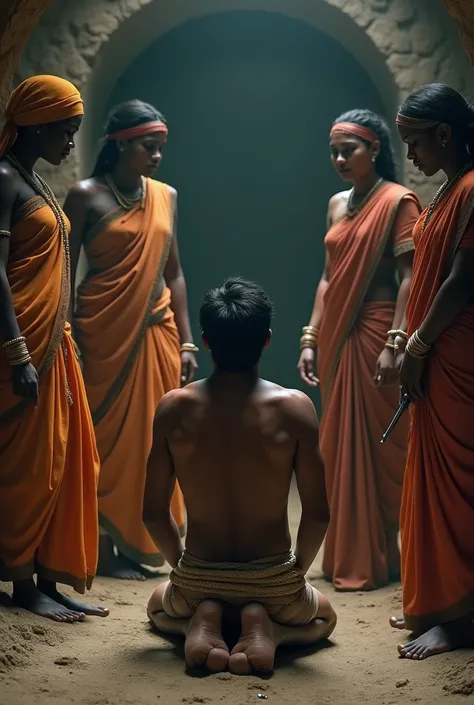 An 32 year young Indian boy, tied by rope, kneel down on floor in an underground jail, surrounded by African female warriors in saree 