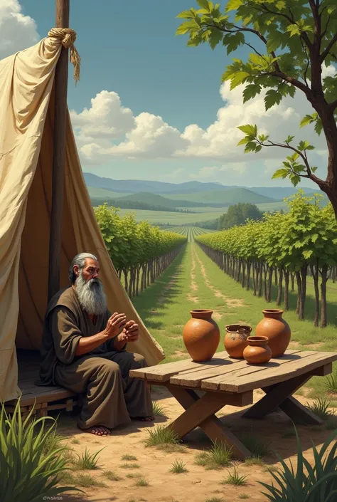 Generate a beautiful conceptual art style illustration for me. Imagine the biblical scene of Noah. Noah, he is under a small tent made of wooden beams and a roof made of cloth and straw. In the store there is a wooden table with clay vases, Noé with a clay...