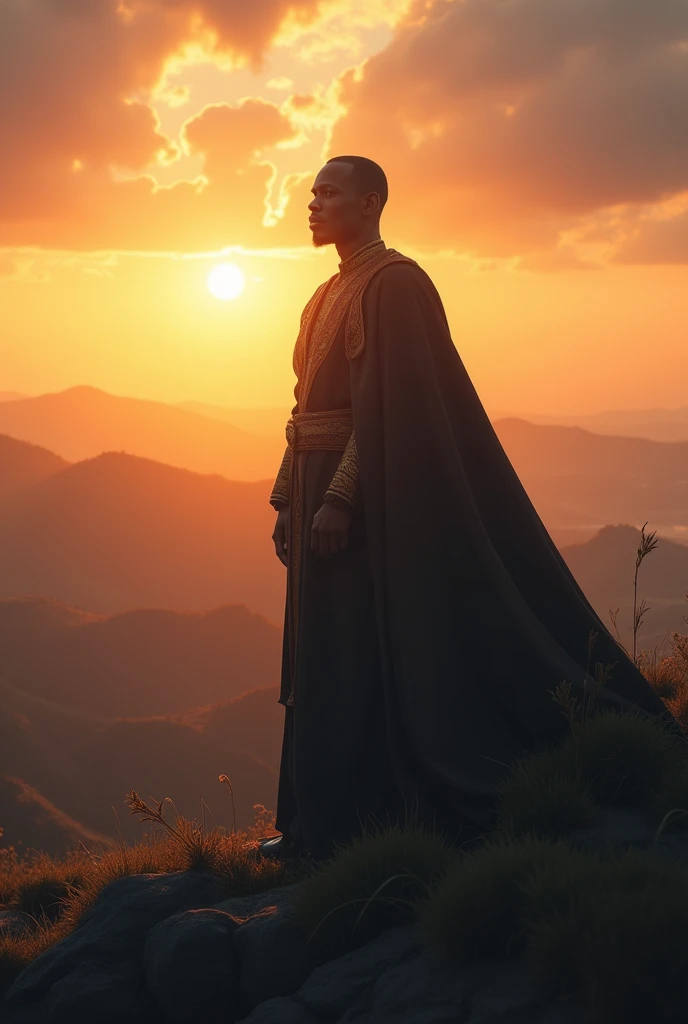 Show a regal man, Ezike Oba, standing on a hilltop at sunrise, his figure silhouetted against the warm glow of the rising sun.