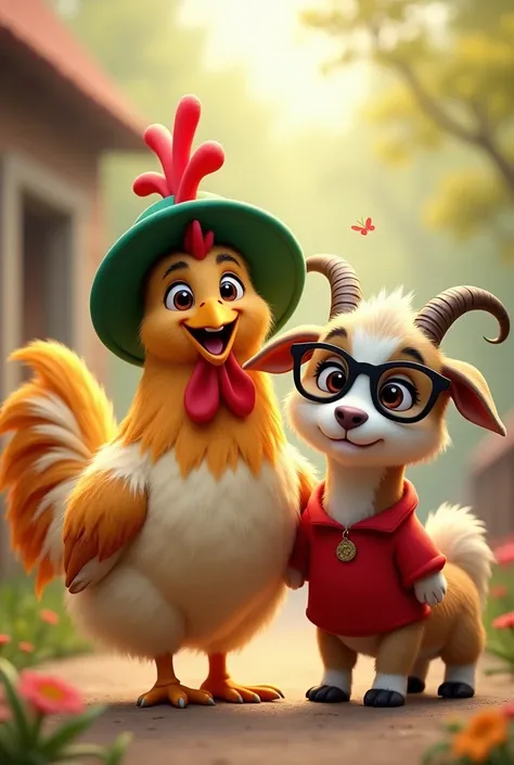 A chicken with a green hat and a puppy with black glasses ,  goat red blouse together they are happy