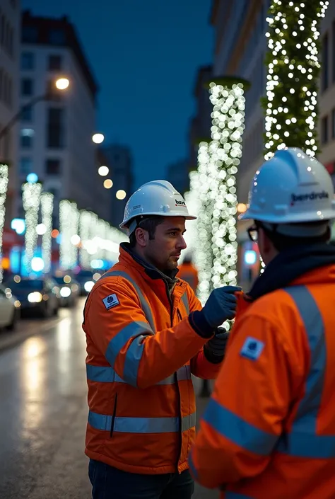  better quality 、 high definition,  used camera Canon EOS R5 ( High image quality :1.2)、" A team of  ""Iberdrola "",  operators working diligently to install Christmas lights in a modern urban area at night. Los trabajadores están equipados con trajes de a...