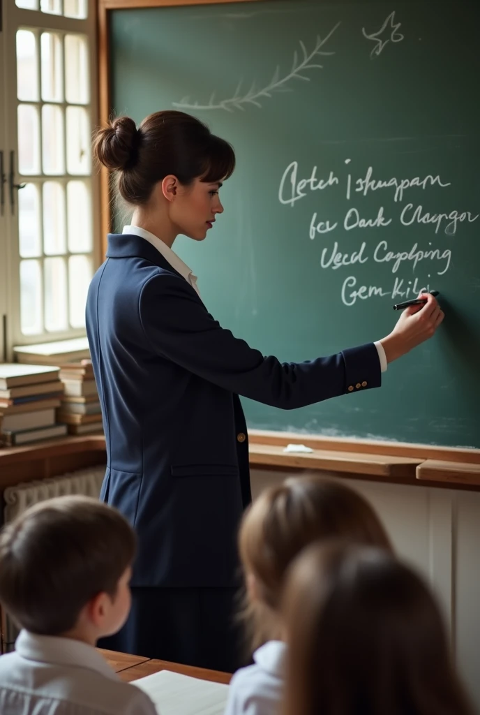 The woman has fair skin, with dark brown hair,  tied in an elegant bun .  She is in a traditional classroom ,  with a blackboard in the background ,  wearing a classic navy blue blazer and a white silk blouse . she is standing,  writing something on the bo...