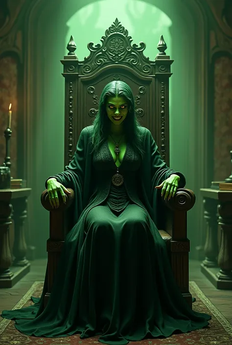 a green wicked witch sitting on a wooden chair