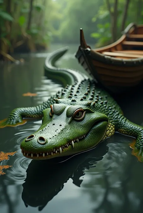 Here’s the AI image prompt for a crocodile and boat combined in one picture:

"A crocodile and a boat coexisting in one scene. The crocodile is partially submerged in calm, swampy water, its textured green scales and sharp teeth visible above the surface. ...