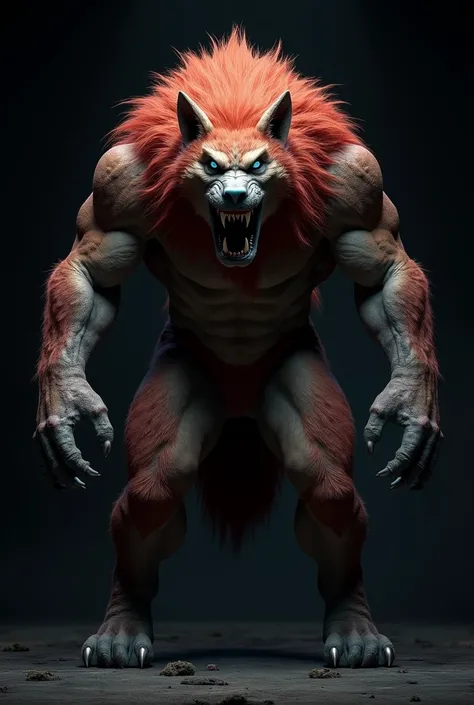 Big, strong werewolf , with red hair ,  bipedal with big, sharp nails,  huge teeth and blue eyes . on a black background.