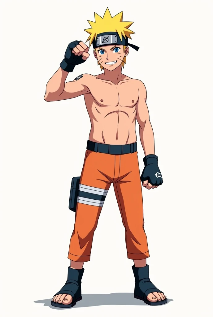 naruto(s )(without a headband )( barefoot and shirtless ( slim body ),  wearing orange shorts  ,  wearing black UFC gloves  , an arrogant smile on his face  ,  with the same animation style as the original Naruto show 